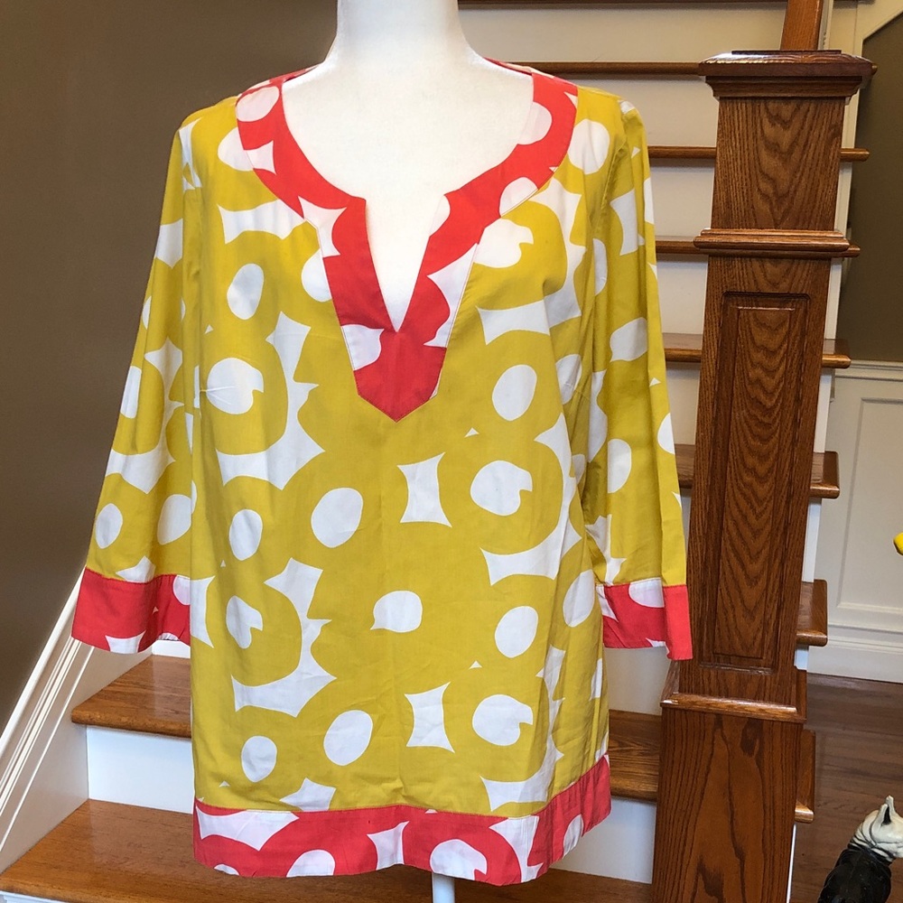 Boden Yellow and White Printed Tunic Cover-Up with Red Trim